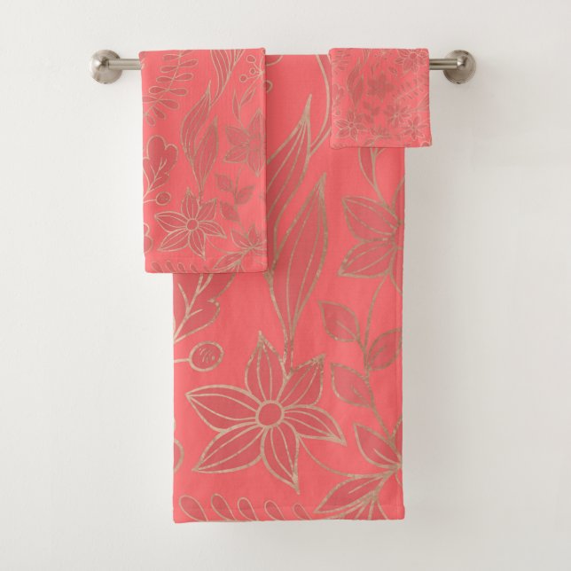 Living Coral - Colour of the year- Leaves Bath Towel Set (Insitu)