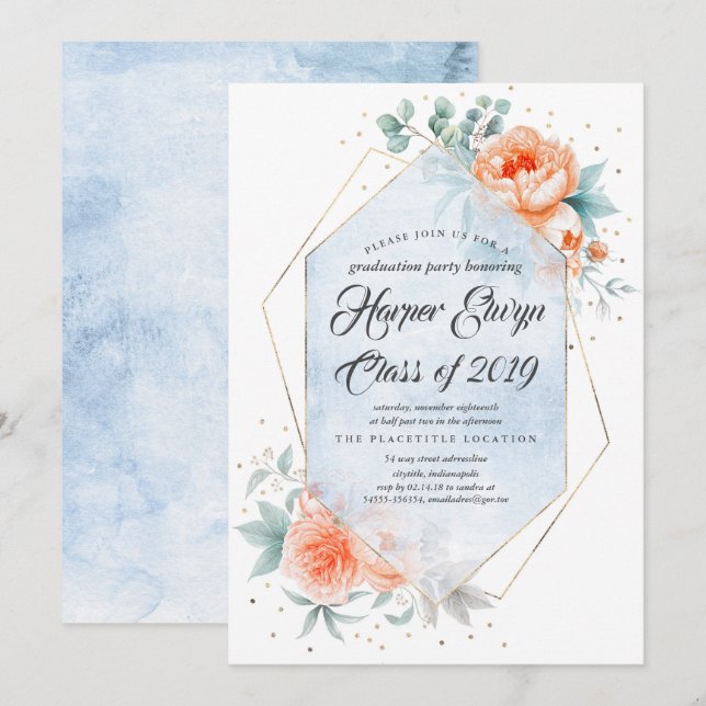 Living Coral Dusty Blue Modern Floral Graduation Invitation (Front/Back)