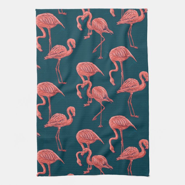 Living coral flamingo pattern tea towel (Vertical)