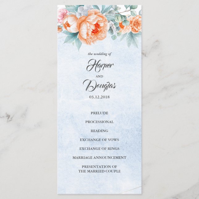 Living Coral Floral Elegant Wedding Programs (Front)