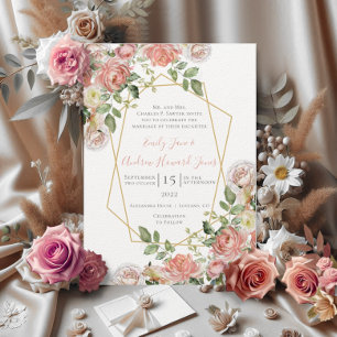 Living Coral Floral Rose Gold Geometric Frame Invitation