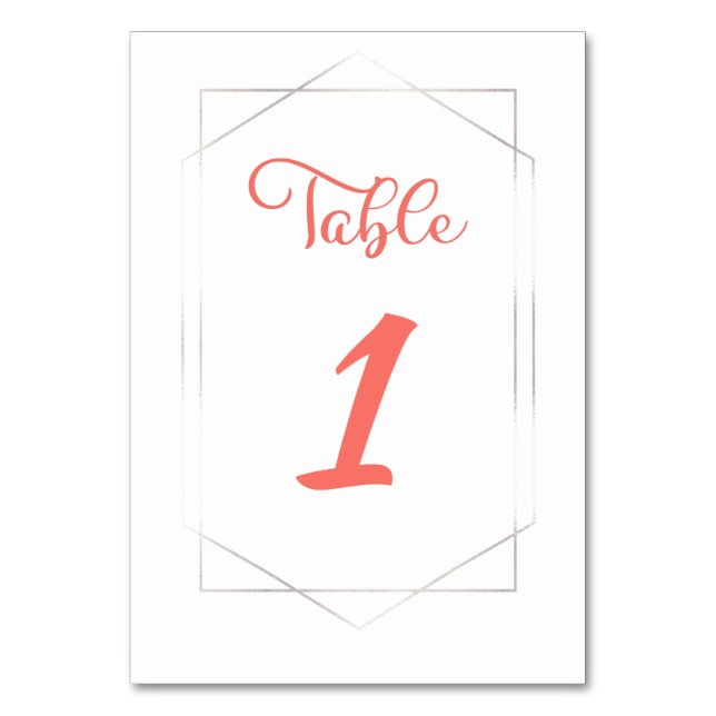Living Coral Geometric Script Wedding Table Number (Front)