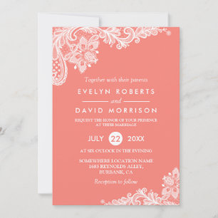 Living Coral Lace Beautiful Wedding Invitation