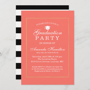 Living Coral Modern Classic gold Frame Graduation Invitation