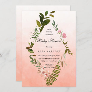 Living Coral Ombre Forest Fern Baby Shower Invitation