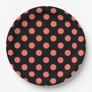 Living coral polka dots on black paper plate