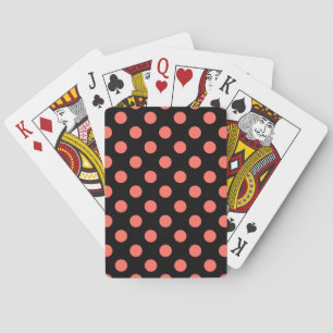 Living coral polka dots on black playing cards