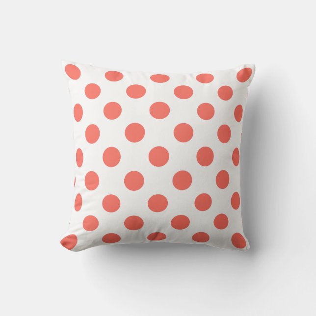 Living coral polka dots on white cushion (Front)