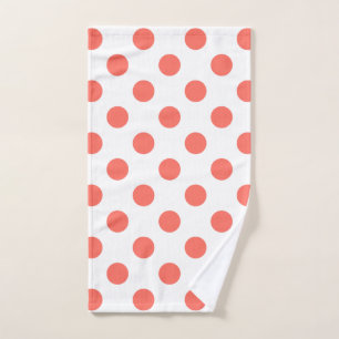 Living coral polka dots on white hand towel