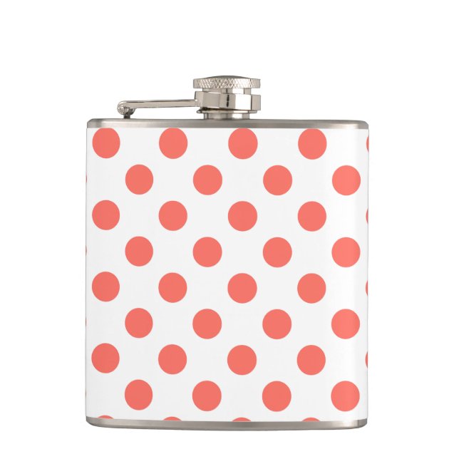 Living coral polka dots on white hip flask (Front)