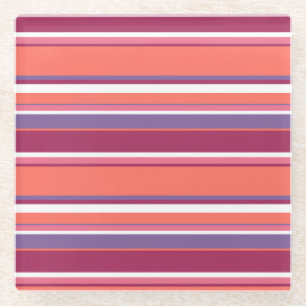 Living coral, red and violet stripes glass coaster