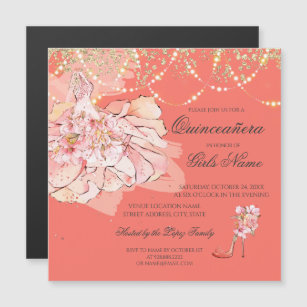 Living Coral Sparkle and Lights Quinceañera Magnetic Invitation
