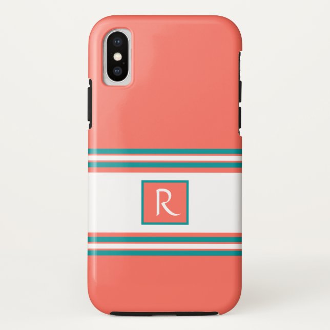 Living Coral Teal and White Monogram Elegant Case-Mate iPhone Case (Back)