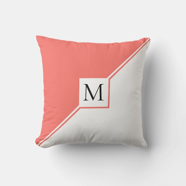 Living coral triangles and monogram modern cushion (Front)