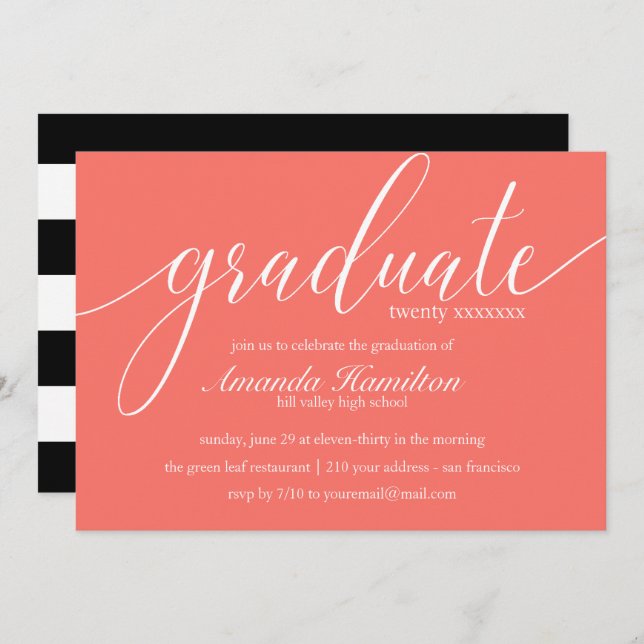 Living Coral typography Graduation any year Invitation (Front/Back)