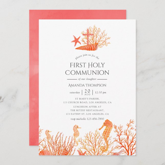 Living Coral Under the Sea First Communion Invitation (Front/Back)