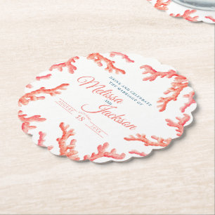 Living coral watercolor art wedding custom paper coaster