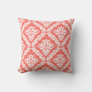 Living coral, white damask pattern throw cushion