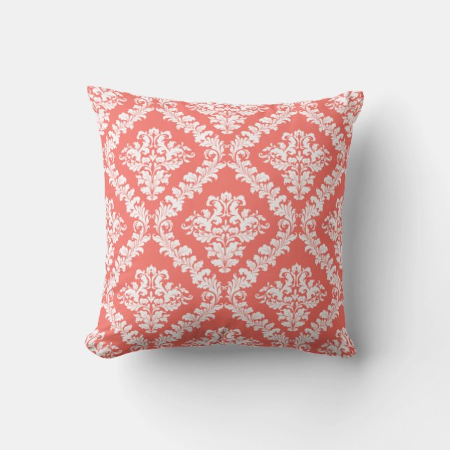 Living coral, white damask pattern throw cushion (Front)