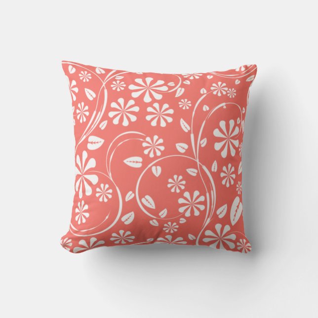 Living coral, white floral pattern cushion (Front)