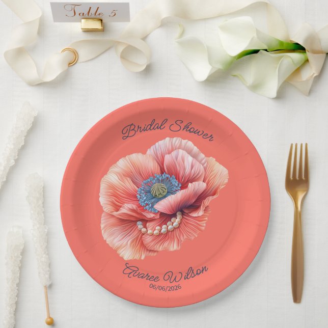 Living Coral with Giant Coral Poppy Bridal Shower Paper Plate (Wedding)