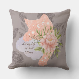 Living Life in Full Bloom Taupe Cat Leaf Pillow