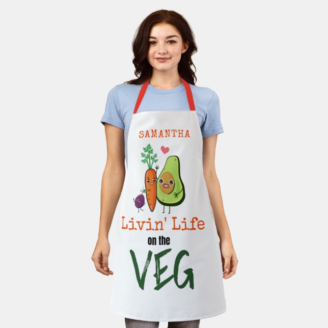 Living Life on the Veg Name Vegan Humour White Apron (Worn)