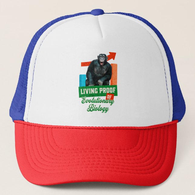 Living Proof of Evolutionary Biology Funny Chimp Trucker Hat (Front)