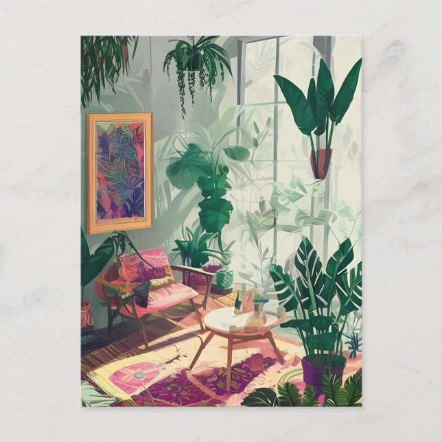 Living Room Tropical Plants AI Generated Postcard (Front)