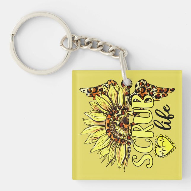 Living The Scrub Life Nurse Sunflower Leopard Nurs Key Ring (Front)