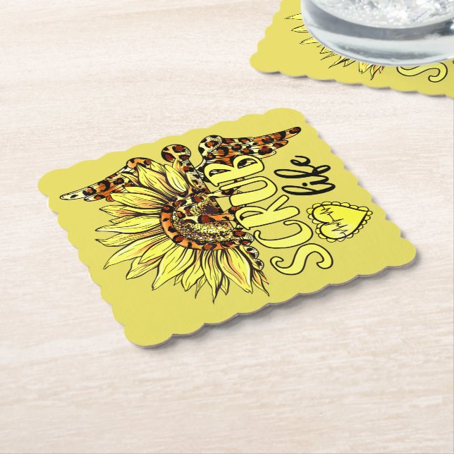 Living The Scrub Life Nurse Sunflower Leopard Nurs Paper Coaster (Angled)