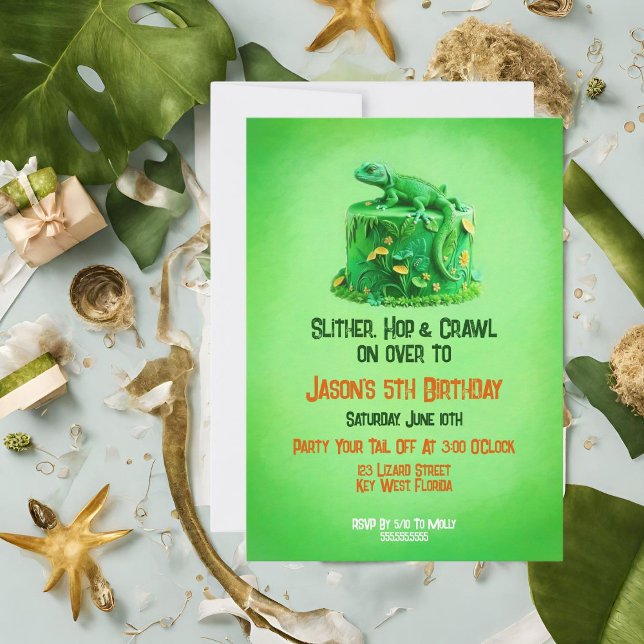 Lizard Birthday Cake Reptile Birthday Invitation (It sets the theme for the birthday party as a reptile or lizard-themed event!)