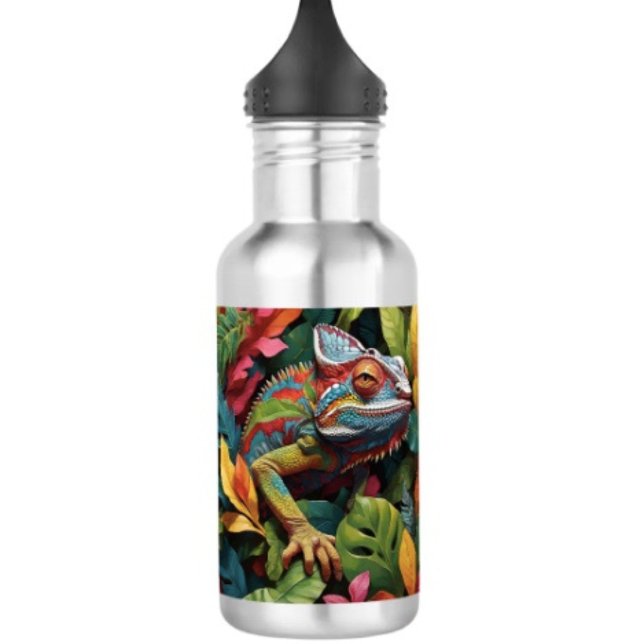 Lizard Leaves & Colour  532 Ml Water Bottle (Colourful Lizard Water Bottle – 18 oz 18/8 stainless steel Height: 8.67" Weight: 8.7 oz. )