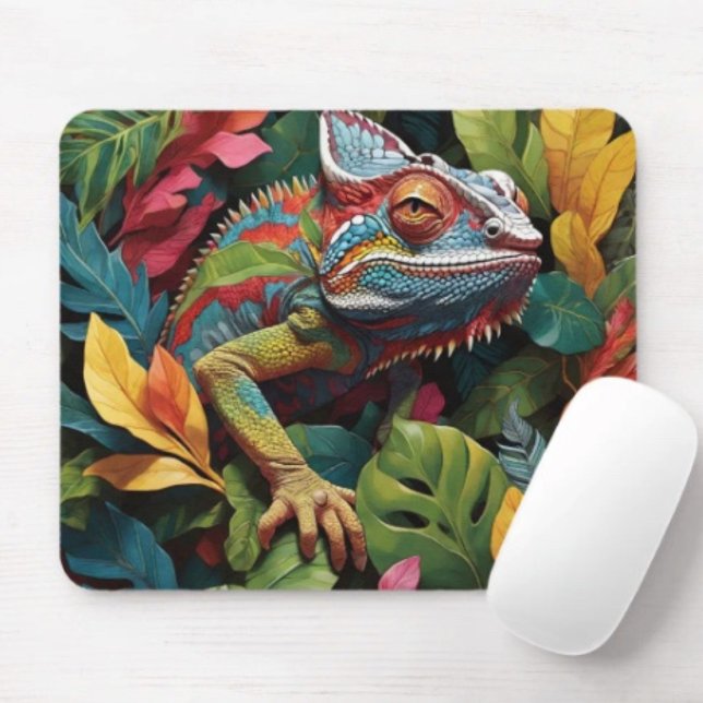 Lizard Leaves & Colour  Mouse Pad (Colourful Lizard Tropical Jungle Art mouse pad durable dust and stain resistant.. Non-slip rubber.)
