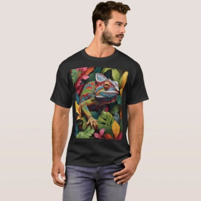 Lizard Leaves & Colour T-Shirt ( Colourful Lizard Tropical Jungle Art T-Shirt for Men Aesthetic Custom Black Tee
)