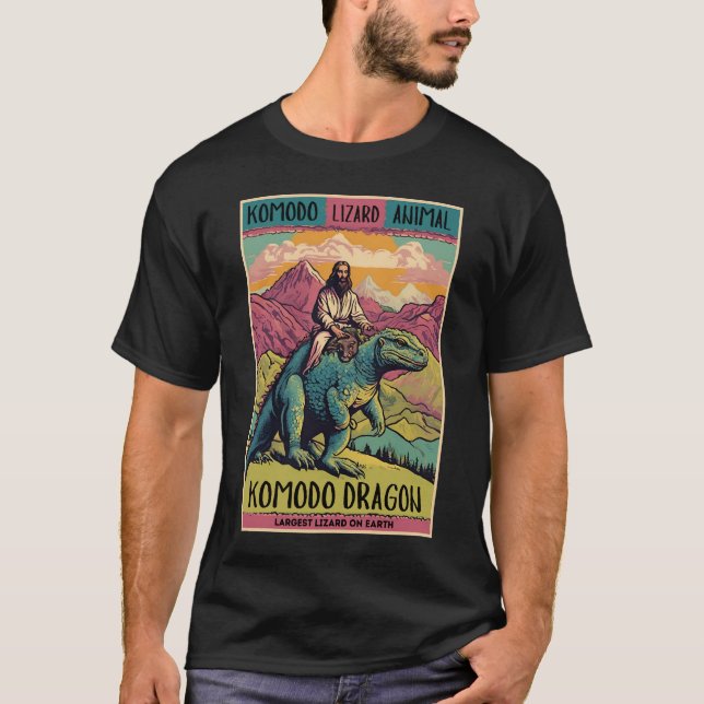 Lizard Lover Funny Lord Jesus Riding Komodo Dragon T-Shirt (Front)