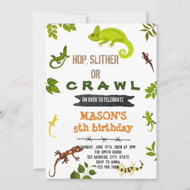 Lizard reptile birthday theme invitation (Front)