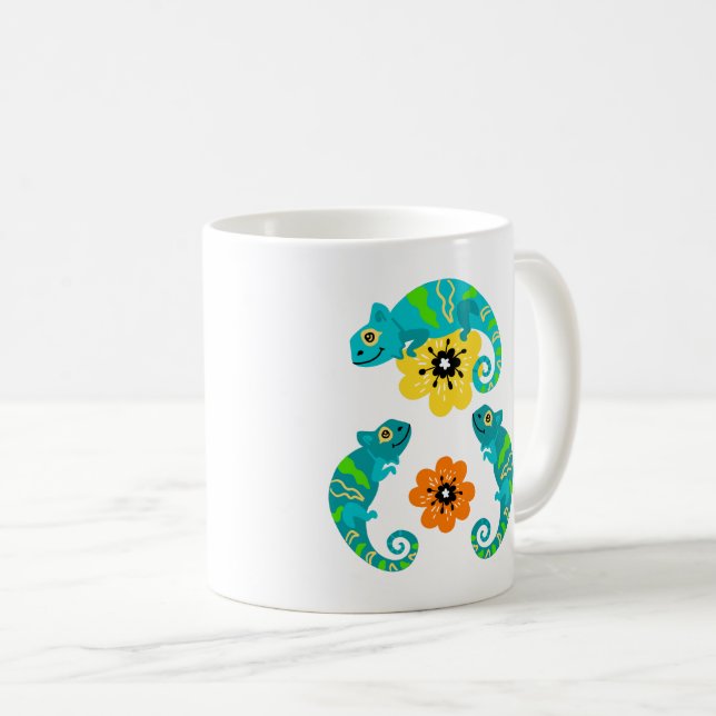 Lizards Love Orange &  Yellow Flowers White Cloth Coffee Mug (Front Right)