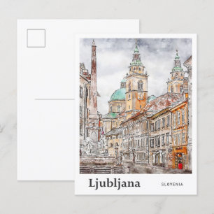 Ljubljana Slovenia Travel Watercolor Hand Drawn Postcard