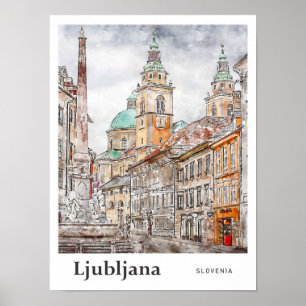 Ljubljana Slovenia Travel Watercolor Hand Drawn Poster