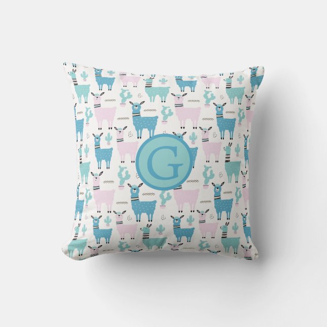 Llama Alapaca Animal Monogram Blue Pink Animals Cushion (Front)