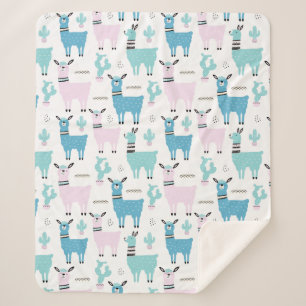 Llama Alapaca Pattern Blue Pink Cute Animals Sherpa Blanket