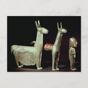 Llama, alpaca and woman postcard