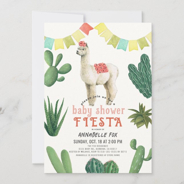 Llama Alpaca Cactus Fiesta Girl Baby Shower  Invitation (Front)