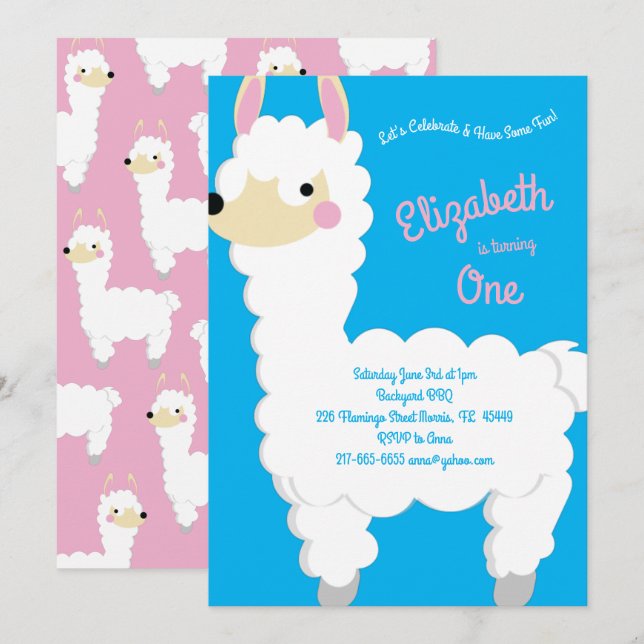 Llama Alpaca Cute Kids 1st Birthday Party Invitation (Front/Back)