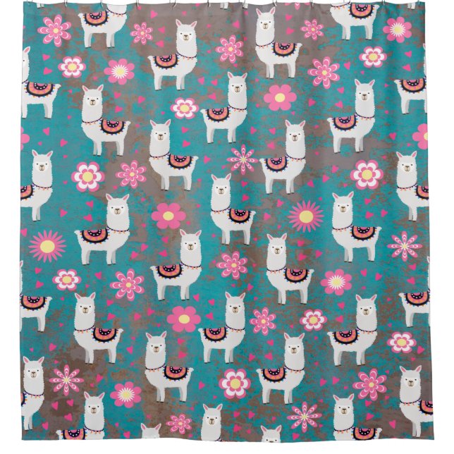 Llama (Alpaca) Floral and Turquoise Grunge Shower Curtain (Front)
