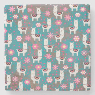 Llama (Alpaca) Floral and Turquoise Grunge Stone Coaster