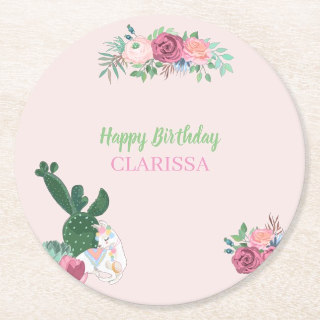 LLAMA-alpaca PARTY "HAPPY BIRTHDAY + NAME" floral Round Paper Coaster (Front)