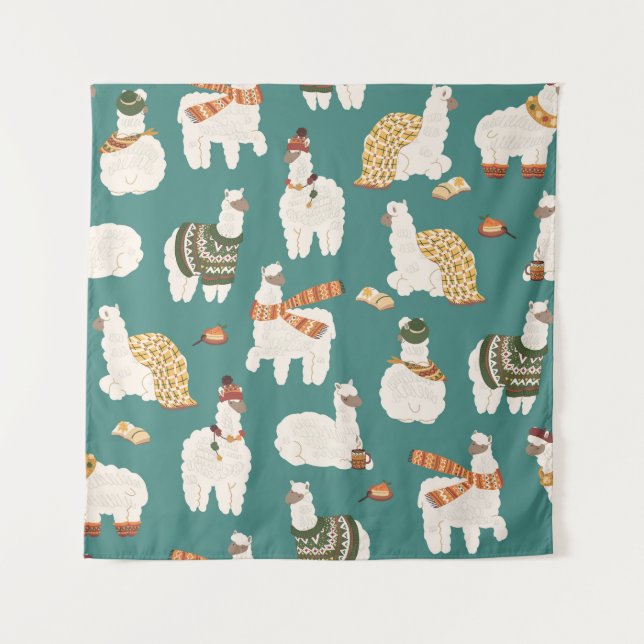 Llama Alpaca Sweater Seamless Pattern. Tapestry (Front)