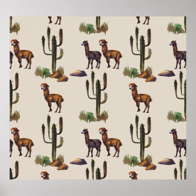 Llama alpaca wildlife, watercolor pattern. poster (Front)